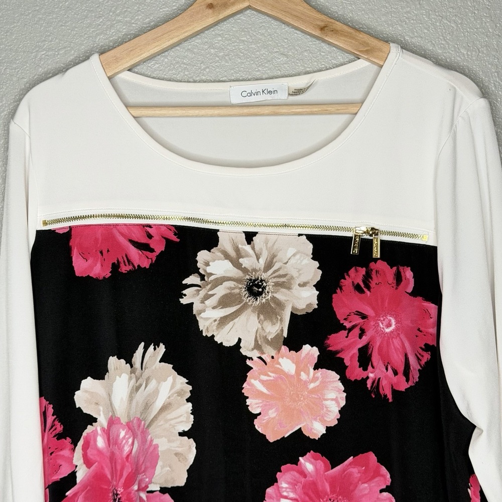 Calvin Klein Black Floral Top White Contrast Panels Gold Zip Stretch Blouse L‎ - Picture 4 of 10